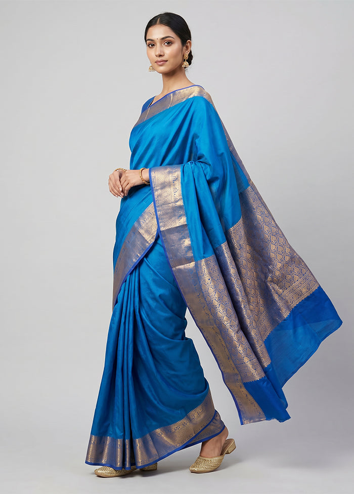 Blue Handloom Kanjivaram Pure Silk Saree With Blouse Piece