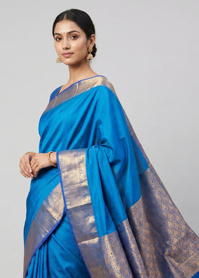 Blue Handloom Kanjivaram Pure Silk Saree With Blouse Piece
