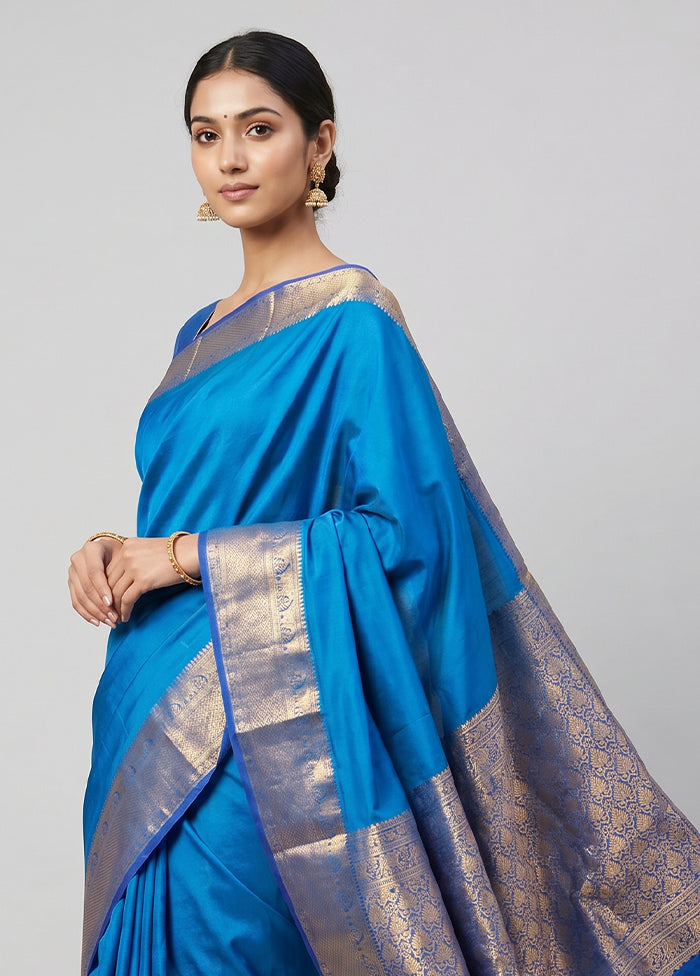 Blue Handloom Kanjivaram Pure Silk Saree With Blouse Piece