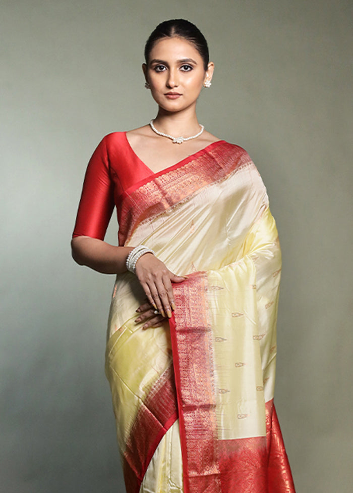 Cream Handloom Kanjivaram Pure Silk Saree With Blouse Piece
