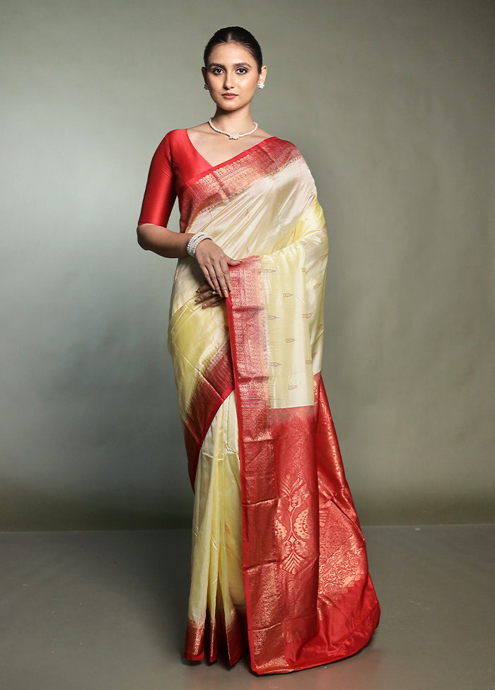 Cream Handloom Kanjivaram Pure Silk Saree With Blouse Piece