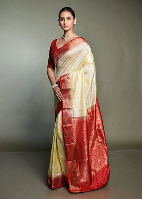 Cream Handloom Kanjivaram Pure Silk Saree With Blouse Piece