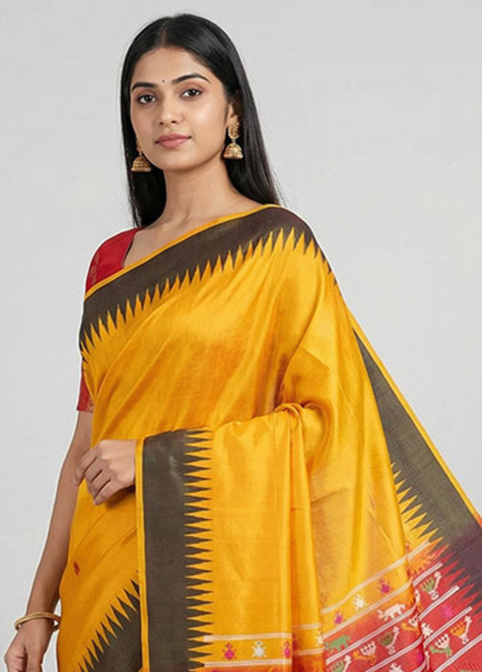 Yellow Dupion Silk Saree With Blouse Piece