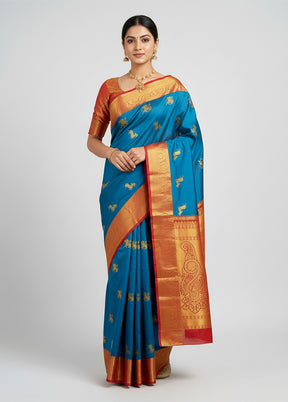 Blue Handloom Kanjivaram Pure Silk Saree With Blouse Piece