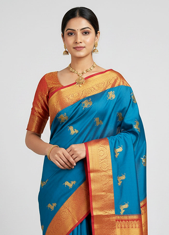 Blue Handloom Kanjivaram Pure Silk Saree With Blouse Piece