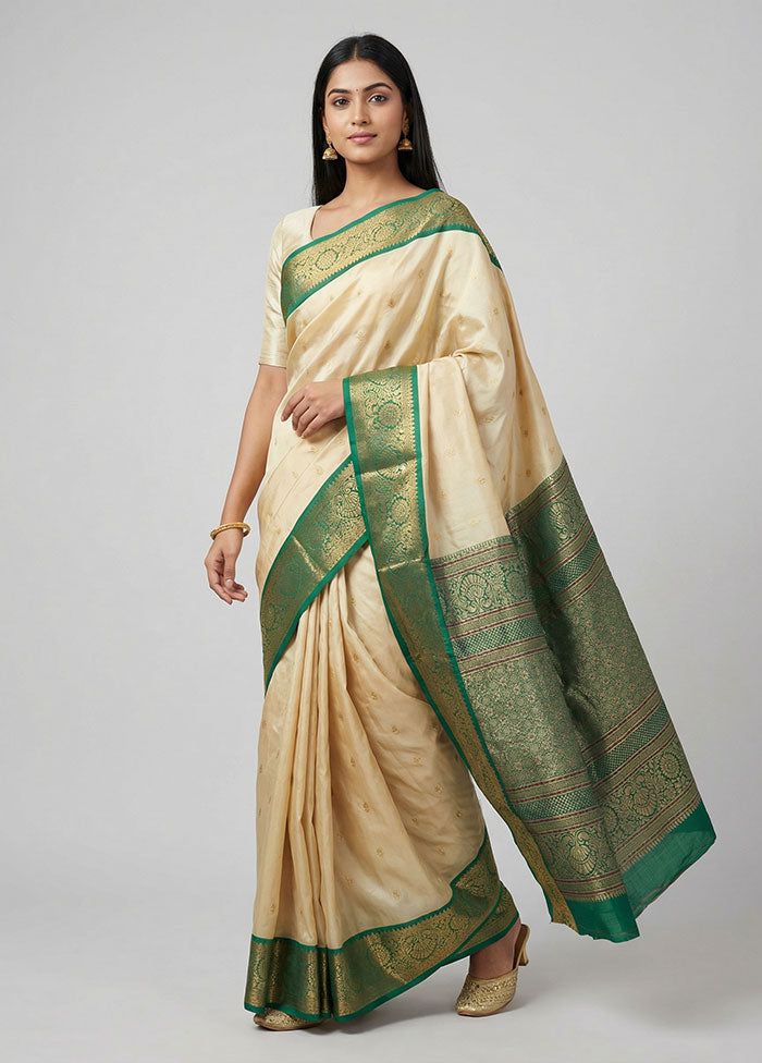 Cream Handloom Kanjivaram Pure Silk Saree With Blouse Piece