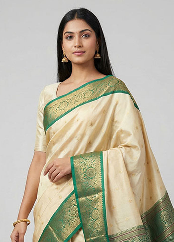Cream Handloom Kanjivaram Pure Silk Saree With Blouse Piece