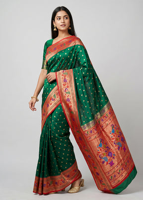 Green Handloom Kanjivaram Pure Silk Saree With Blouse Piece