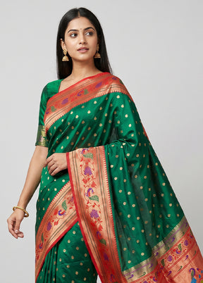 Green Handloom Kanjivaram Pure Silk Saree With Blouse Piece