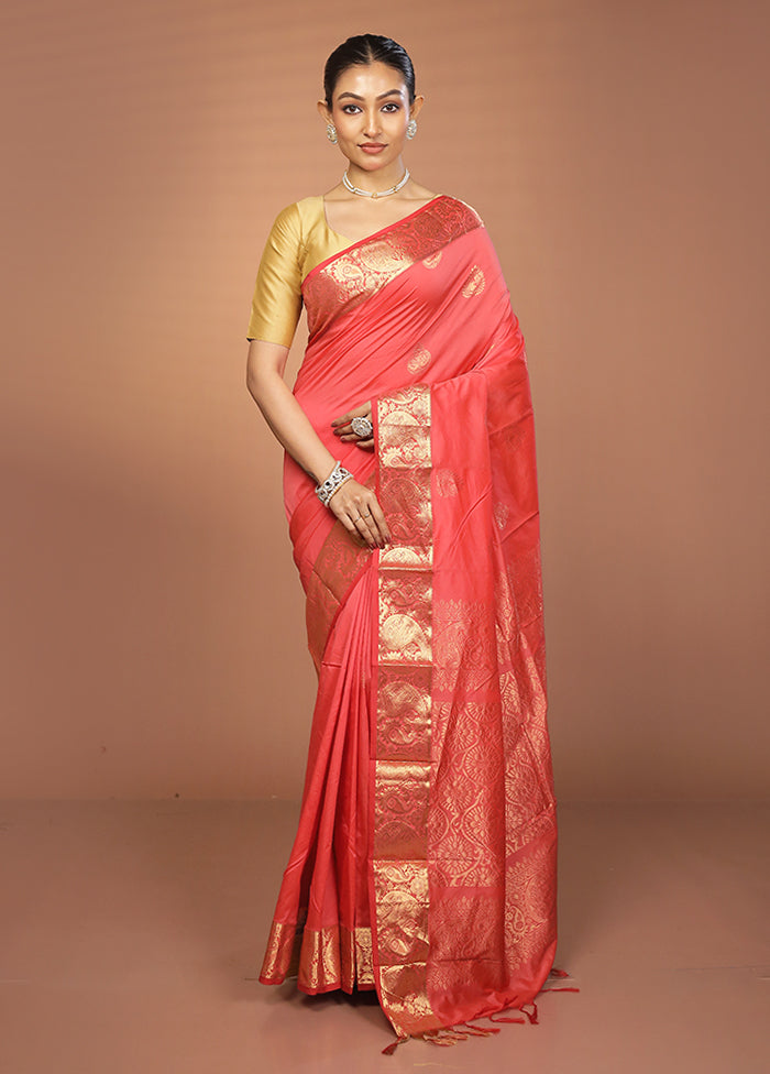 Pink Kanjivaram Silk Saree With Blouse Piece