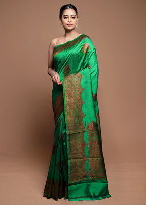 Green Handloom Tussar Pure Silk Saree With Blouse Piece