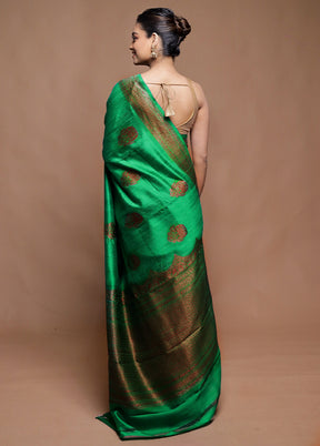 Green Handloom Tussar Pure Silk Saree With Blouse Piece