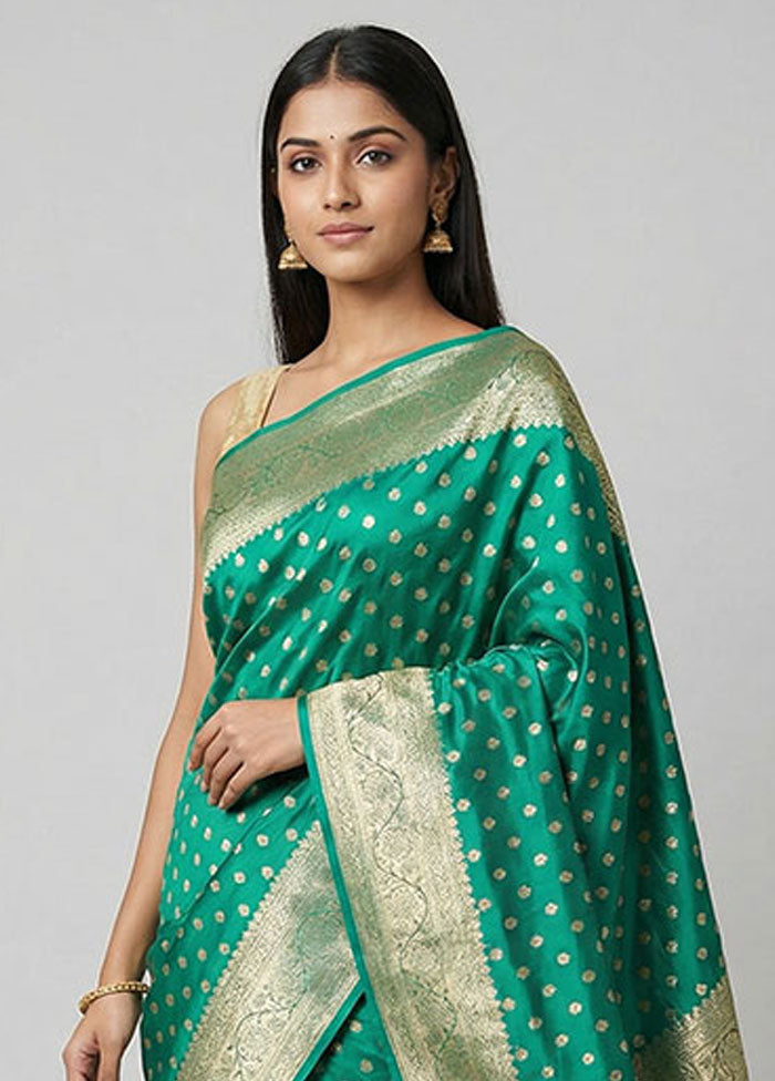 Green Handloom Banarasi Pure Silk Saree With Blouse Piece