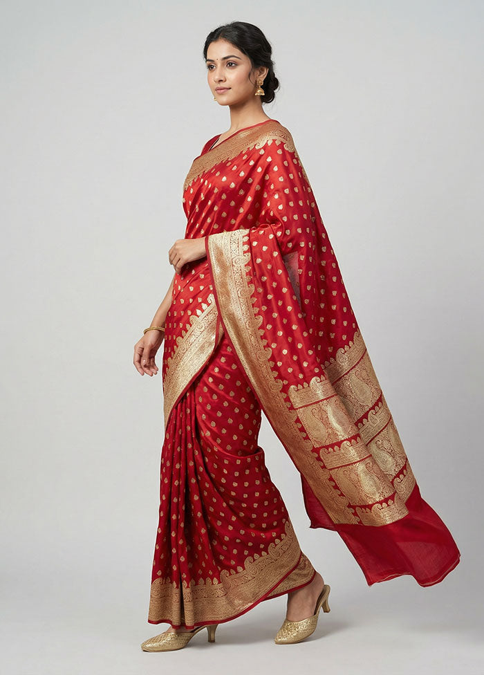 Red Handloom Banarasi Pure Silk Saree With Blouse Piece