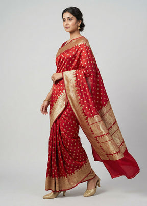 Red Handloom Banarasi Pure Silk Saree With Blouse Piece