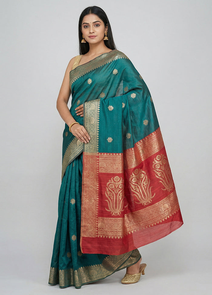 Green Handloom Tussar Pure Silk Saree With Blouse Piece