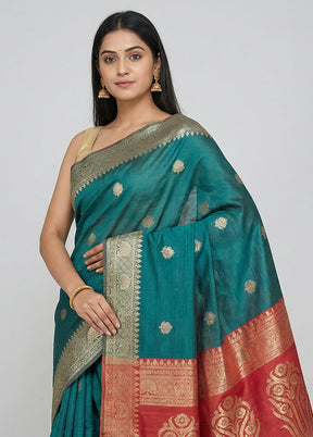 Green Handloom Tussar Pure Silk Saree With Blouse Piece