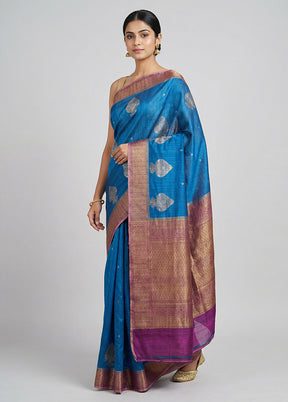 Blue Handloom Tussar Pure Silk Saree With Blouse Piece