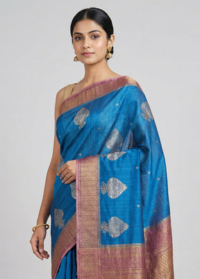 Blue Handloom Tussar Pure Silk Saree With Blouse Piece