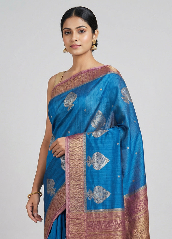 Blue Handloom Tussar Pure Silk Saree With Blouse Piece