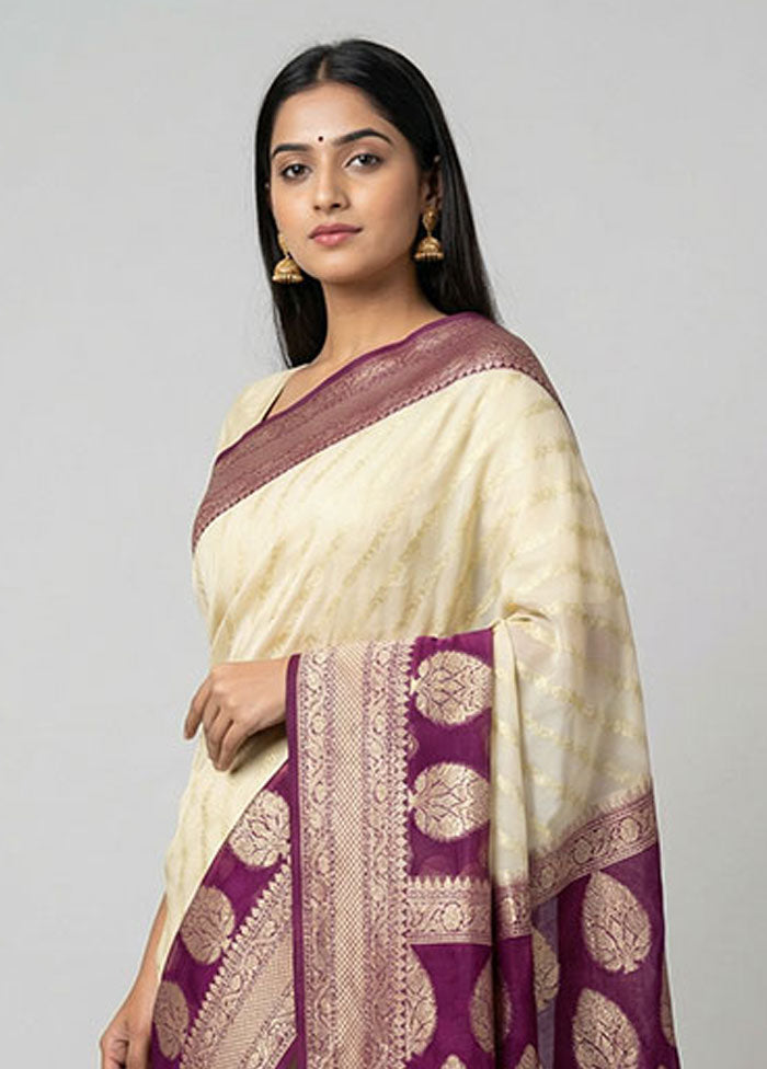Cream Kora Silk Saree With Blouse Piece