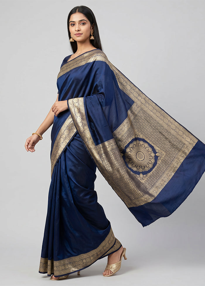 Blue Banarasi Silk Saree With Blouse Piece