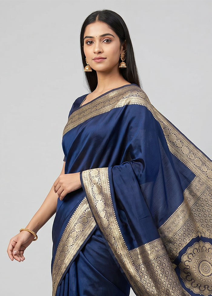 Blue Banarasi Silk Saree With Blouse Piece