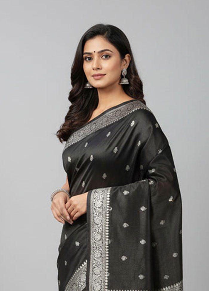 Black Handloom Katan Pure Silk Saree With Blouse Piece