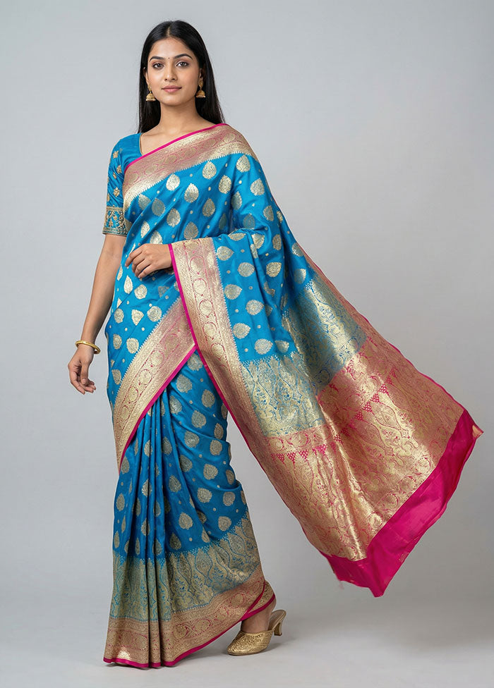 Blue Banarasi Silk Saree With Blouse Piece