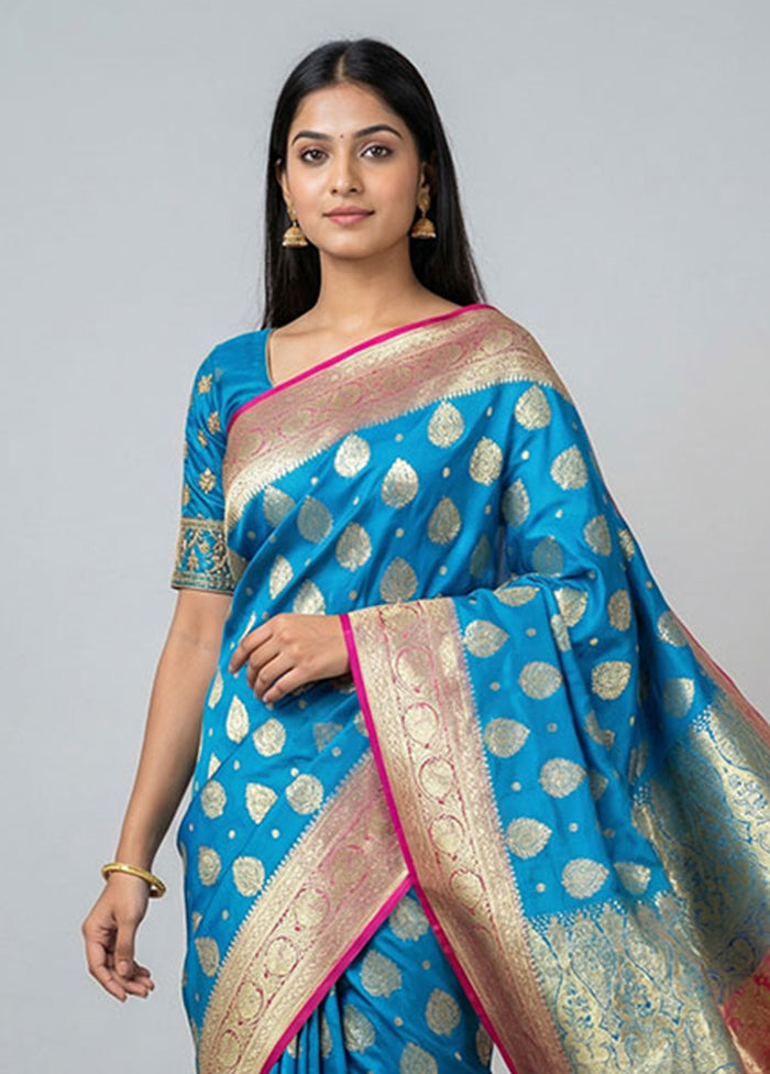Blue Banarasi Silk Saree With Blouse Piece