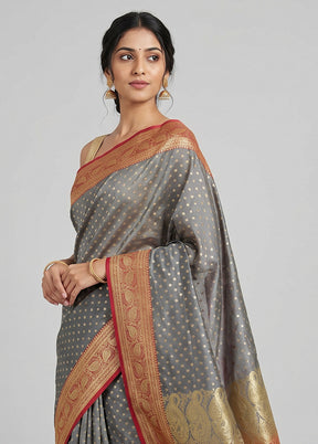 Grey Banarasi Silk Saree With Blouse Piece