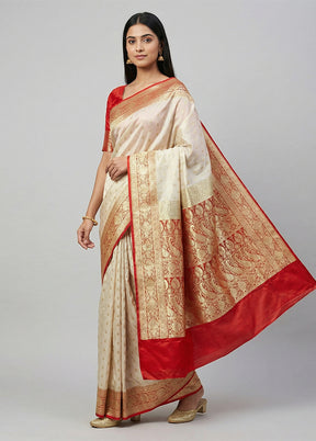 Cream Banarasi Silk Saree With Blouse Piece