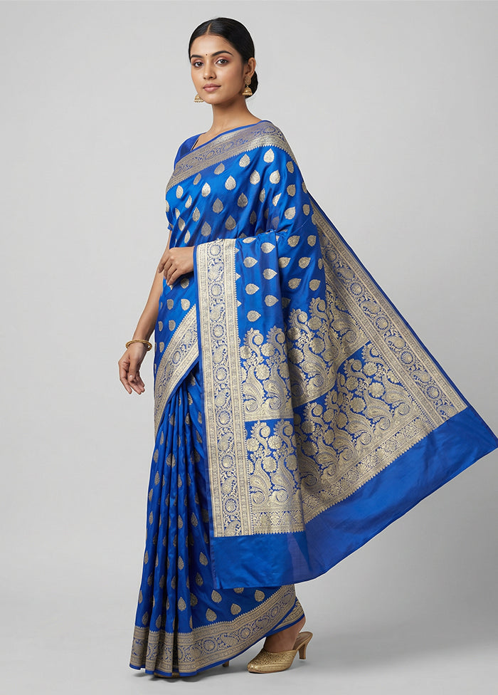 Blue Handloom Banarasi Pure Silk Saree With Blouse Piece