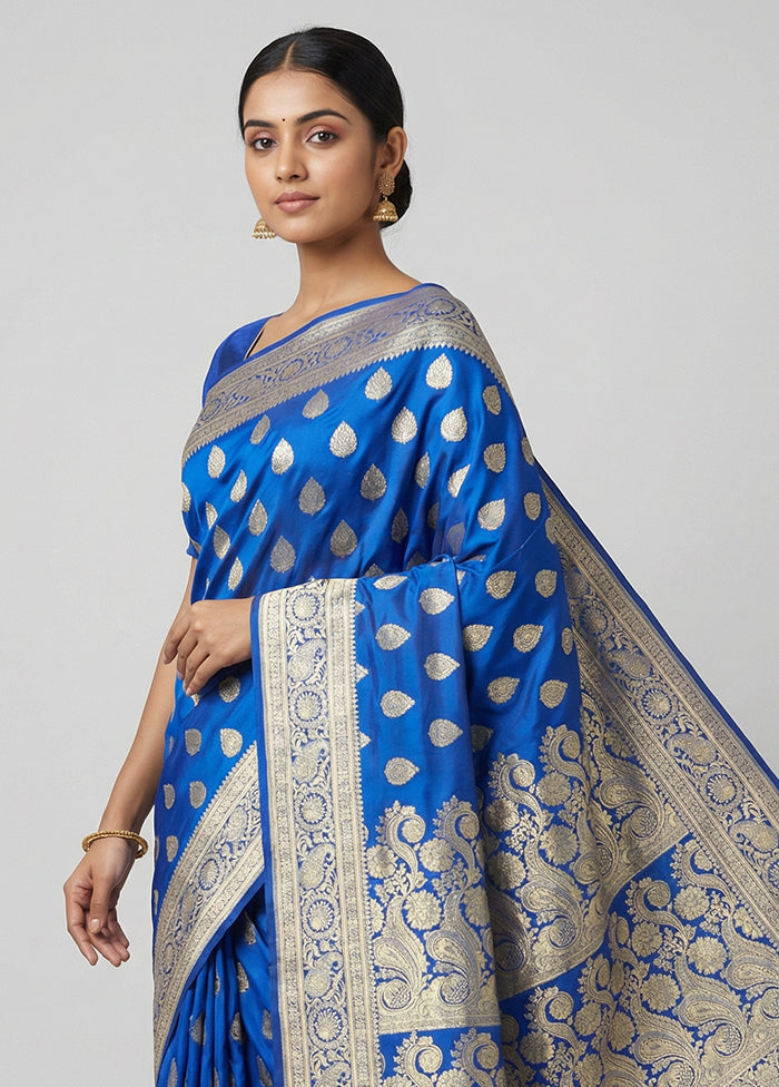 Blue Handloom Banarasi Pure Silk Saree With Blouse Piece