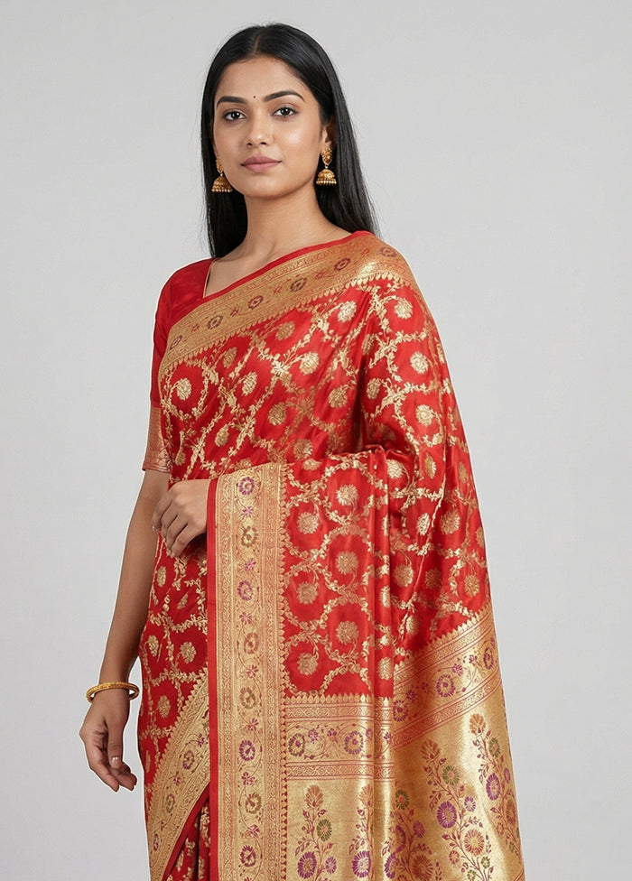 Red Handloom Banarasi Pure Silk Saree With Blouse Piece