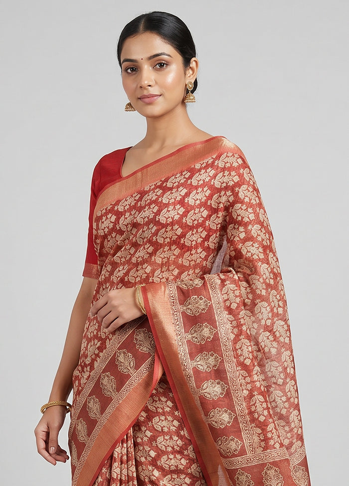Rust Dupion Silk Saree With Blouse Piece