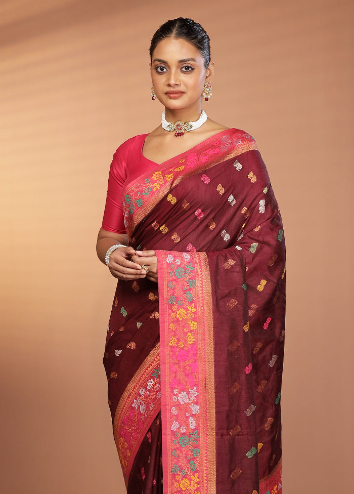 Maroon Dupion Silk Saree With Blouse Piece
