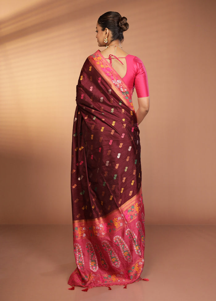 Maroon Dupion Silk Saree With Blouse Piece