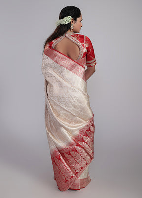 White Handloom Banarasi Pure Silk Saree With Blouse Piece