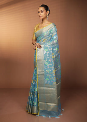 Blue Organza Saree With Blouse Piece