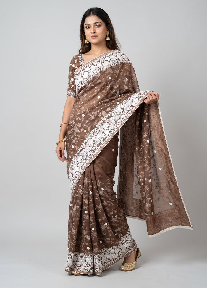 Brown Organza Saree With Blouse Piece
