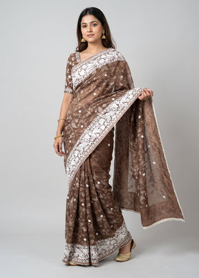 Brown Organza Saree With Blouse Piece