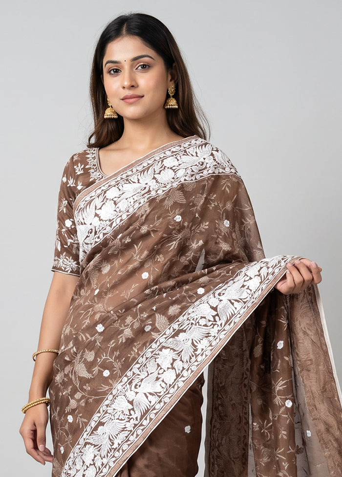 Brown Organza Saree With Blouse Piece