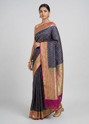 Blue Handloom Banarasi Pure Silk Saree With Blouse Piece
