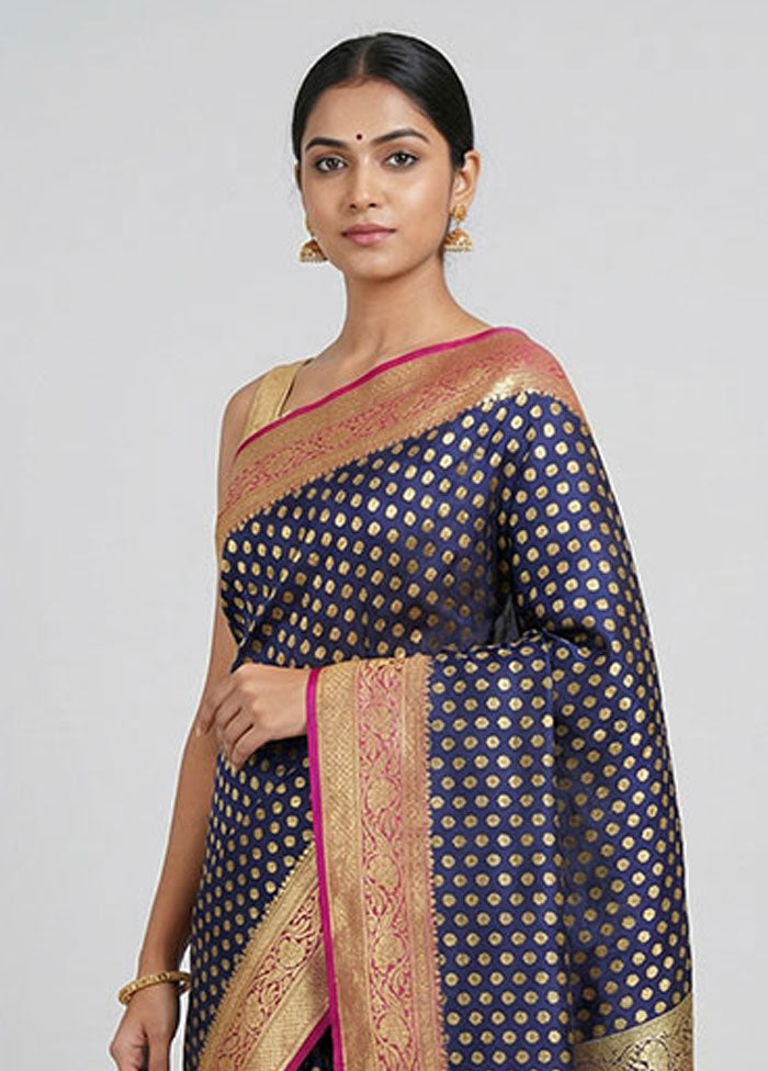 Blue Handloom Banarasi Pure Silk Saree With Blouse Piece