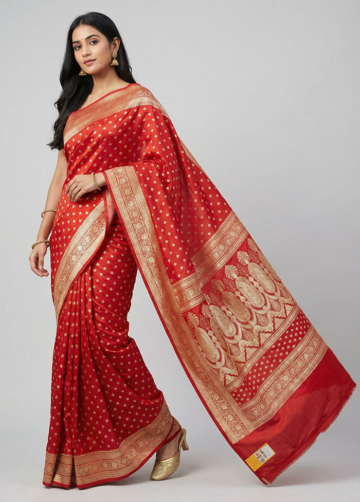 Red Handloom Banarasi Pure Silk Saree With Blouse Piece