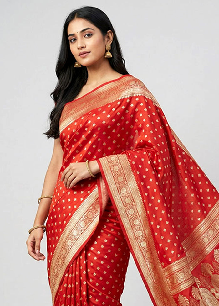 Red Handloom Banarasi Pure Silk Saree With Blouse Piece