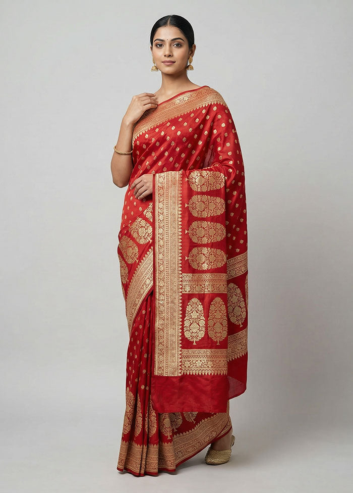 Red Handloom Banarasi Pure Silk Saree With Blouse Piece