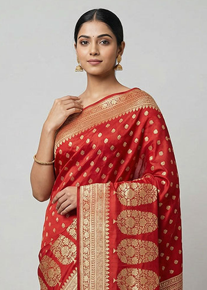 Red Handloom Banarasi Pure Silk Saree With Blouse Piece