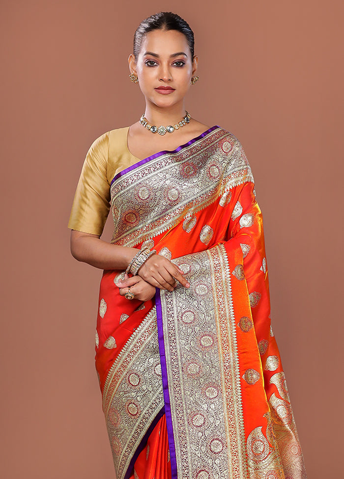 Rust Banarasi Silk Saree With Blouse Piece